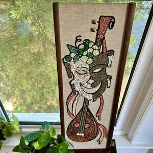 Vintage Mid-Century Gravel Art Wall Hanging – Abstract Musician with Lute
